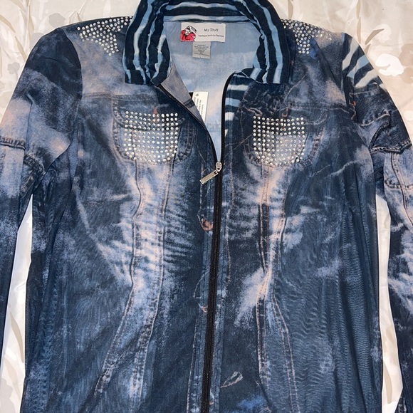 NWOT My Stuff (Boutique Buys By Belinda) Sheer Denim Print Zip Jacket - Picture 8 of 9